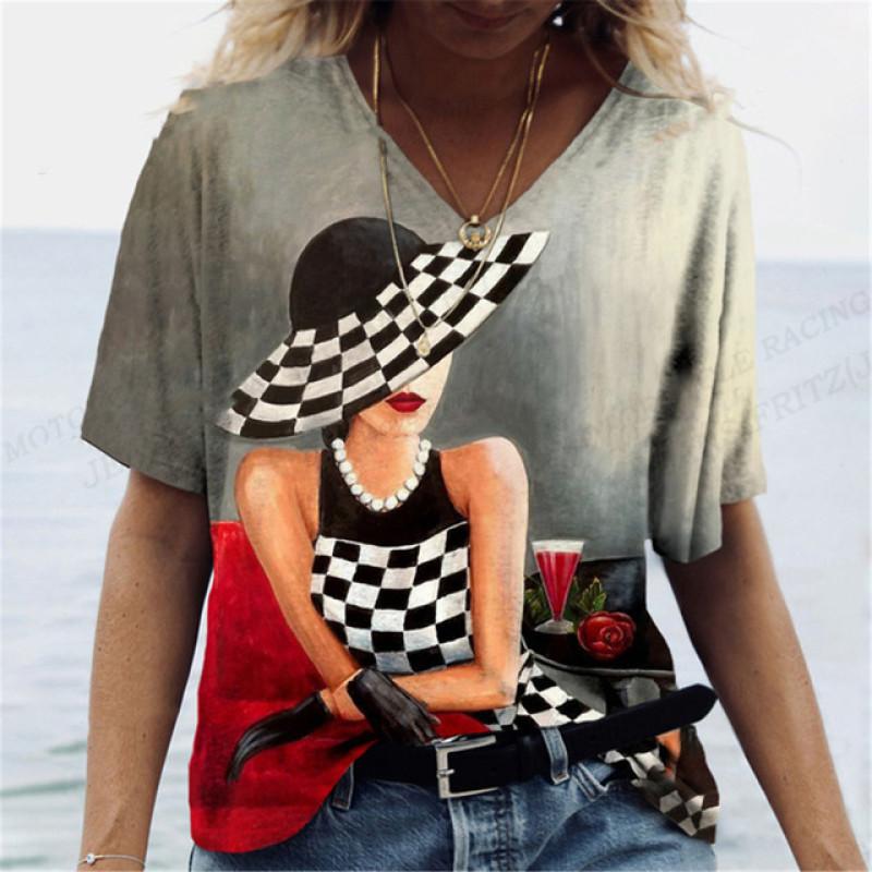 Harajuka абстрактные крутые футболки с принтом в стиле ретро, ​​женские универсальный пуловер с коротким рукавом, летние дизайнерские повседневные женские футболки с v-образным вырезом