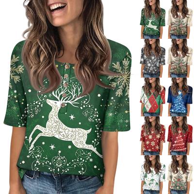 Рубашки для женщин модные с круглым вырезом на пуговицах футболки с принтом блузка с рукавом до локтя топы для женщин