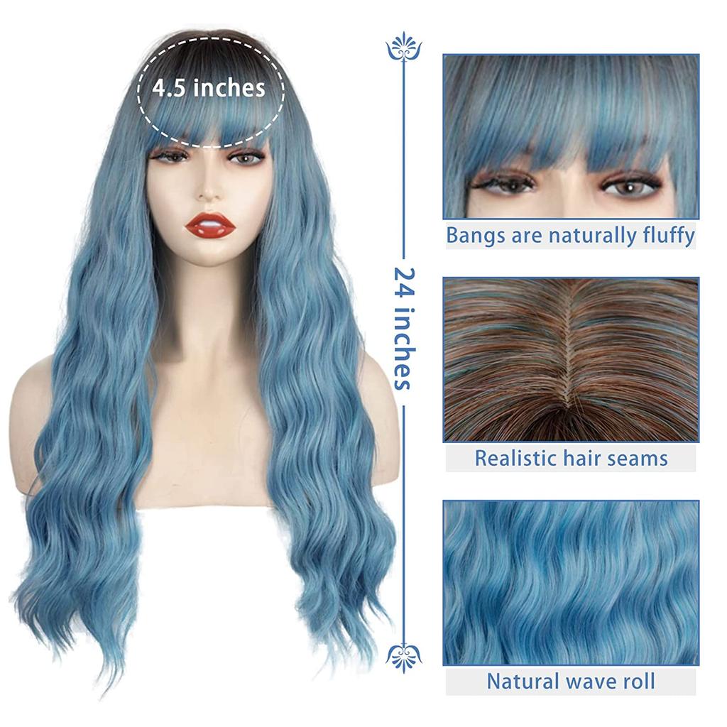 MERISIHAIR Ladies Fashion Long Curly Hair Wig with Bangs Synthetic Fiber Wavy Wig Black Brown Blonde Blue for Women Cosplay Daily Wear