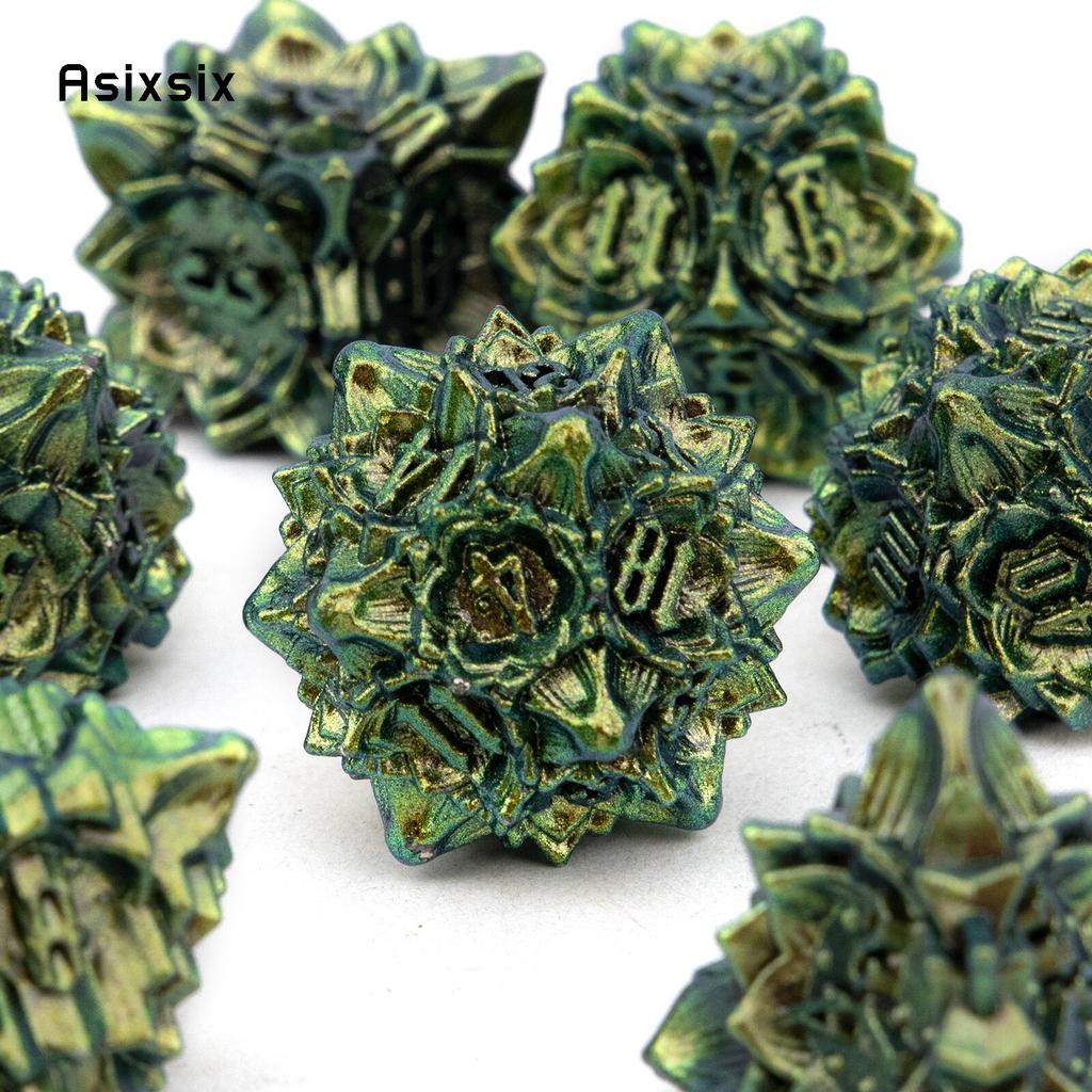 7 Pcs Green Yellow Lotus Flower  Metal Dice Solid Metal Polyhedral Dice Set Suitable for Role-Playing RPG  Board Game Card Game