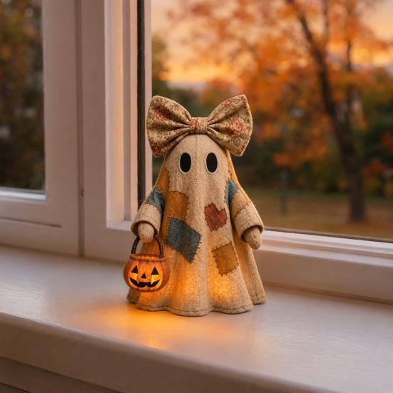 yangyizhi Halloween Lighted Patchwork Ghost Figurine, Light-Up Bow with Pumpkin Lantern, Ghosts Lamp Decoration for Holiday Party