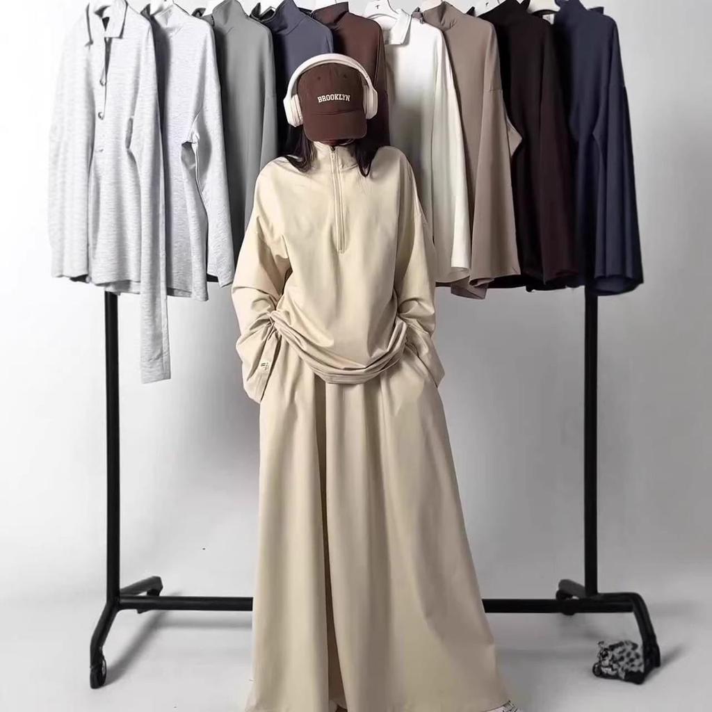 2025 Women's Casual Loose Drapey Half-Zip Top & Skirt Two-Piece Set