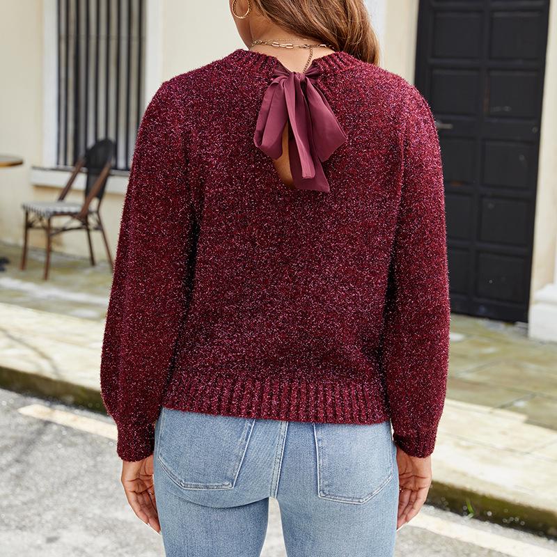 Autumn Winter Sparkly Silk Puff Sleeve Sweater with Back Tie