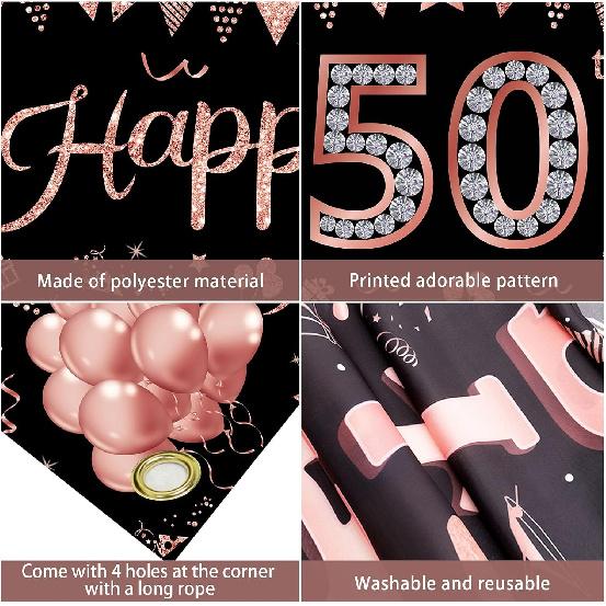 Happy 50th Birthday Banner Decorations for Women, Rose Gold 50 Birthday Sign Party Supplies, Glitter Fifty Birthday Backdrop Decor for Outdoor Indoor