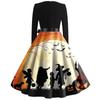 Women's Fashion Round Neck Casual Slim Fit Halloween Printed Long Sleeve Dress