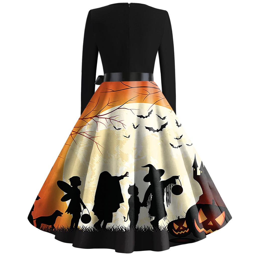 Women's Fashion Round Neck Casual Slim Fit Halloween Printed Long Sleeve Dress