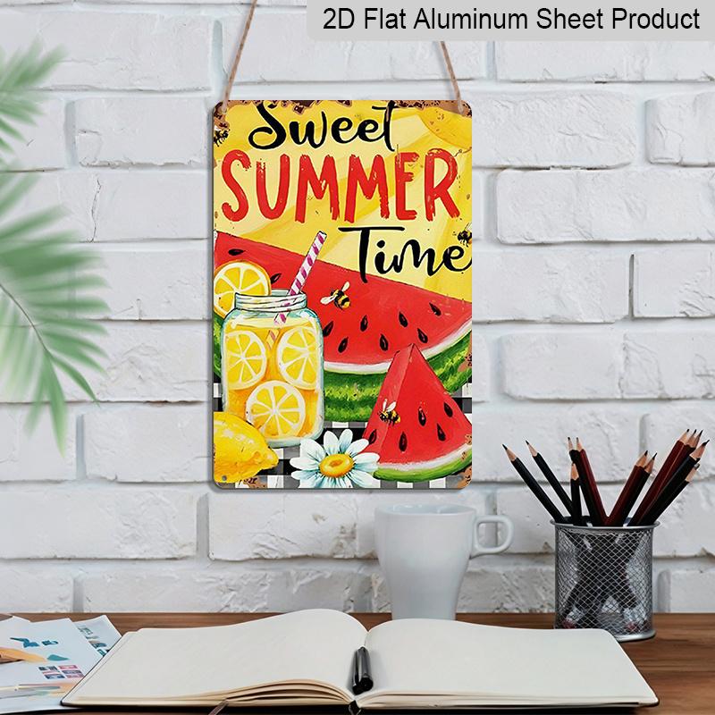 2D Flat, Vintage Summer Metal Wall Plaque - Lemonade & Watermelon Slices with Sweet Summer Time Text - 8x12 Inch Retro Aluminium Sign for Home, Cafe