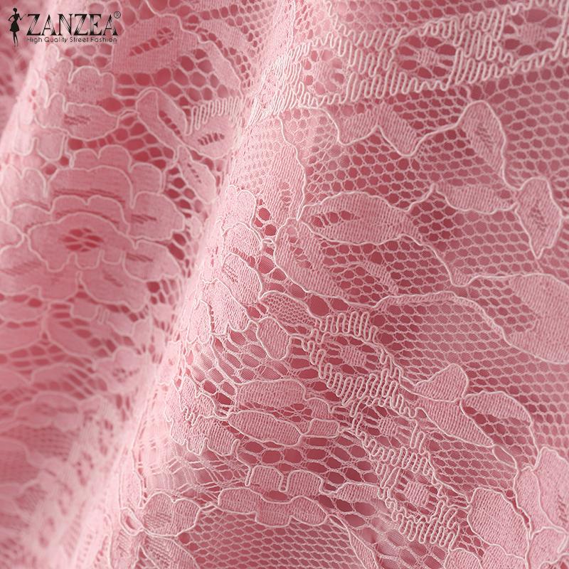 ZANZEA Женская повседневная блузка с круглым вырезом, рукавом 3/4 и кружевной вставкой