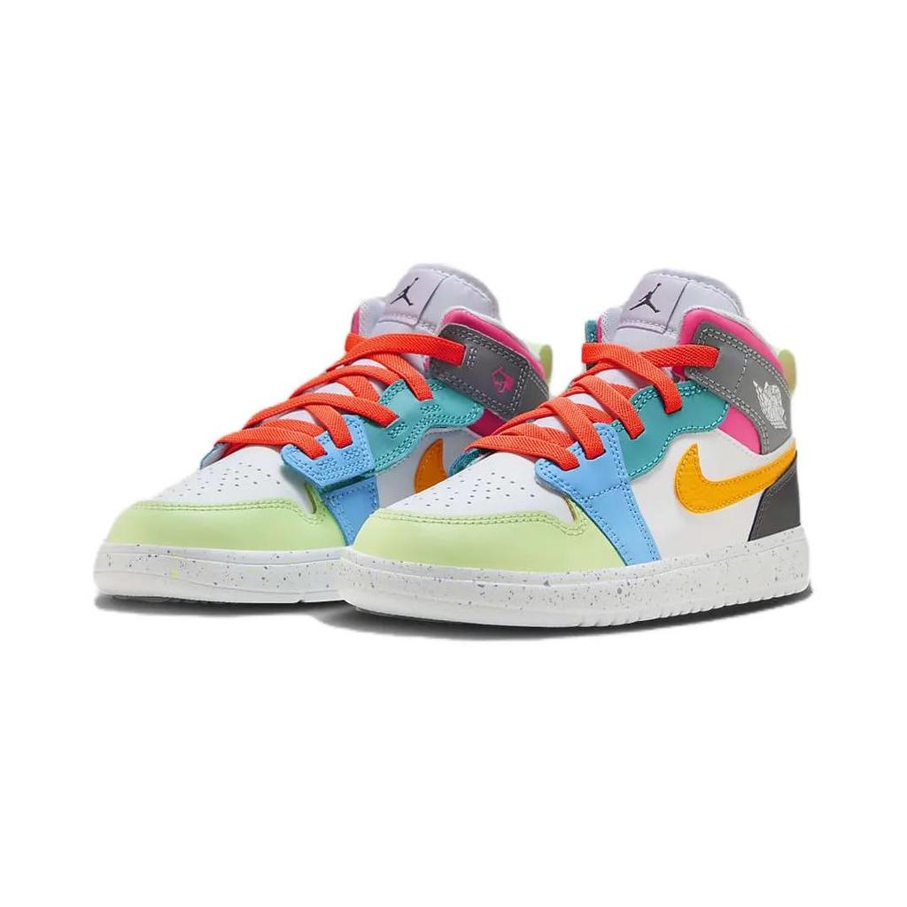 Jordan Air Jordan 1 Mid Alt SE Breathable High top Children's Basketball Shoes Blue Orange Children Aged 3 7 Years Old (Unisex)