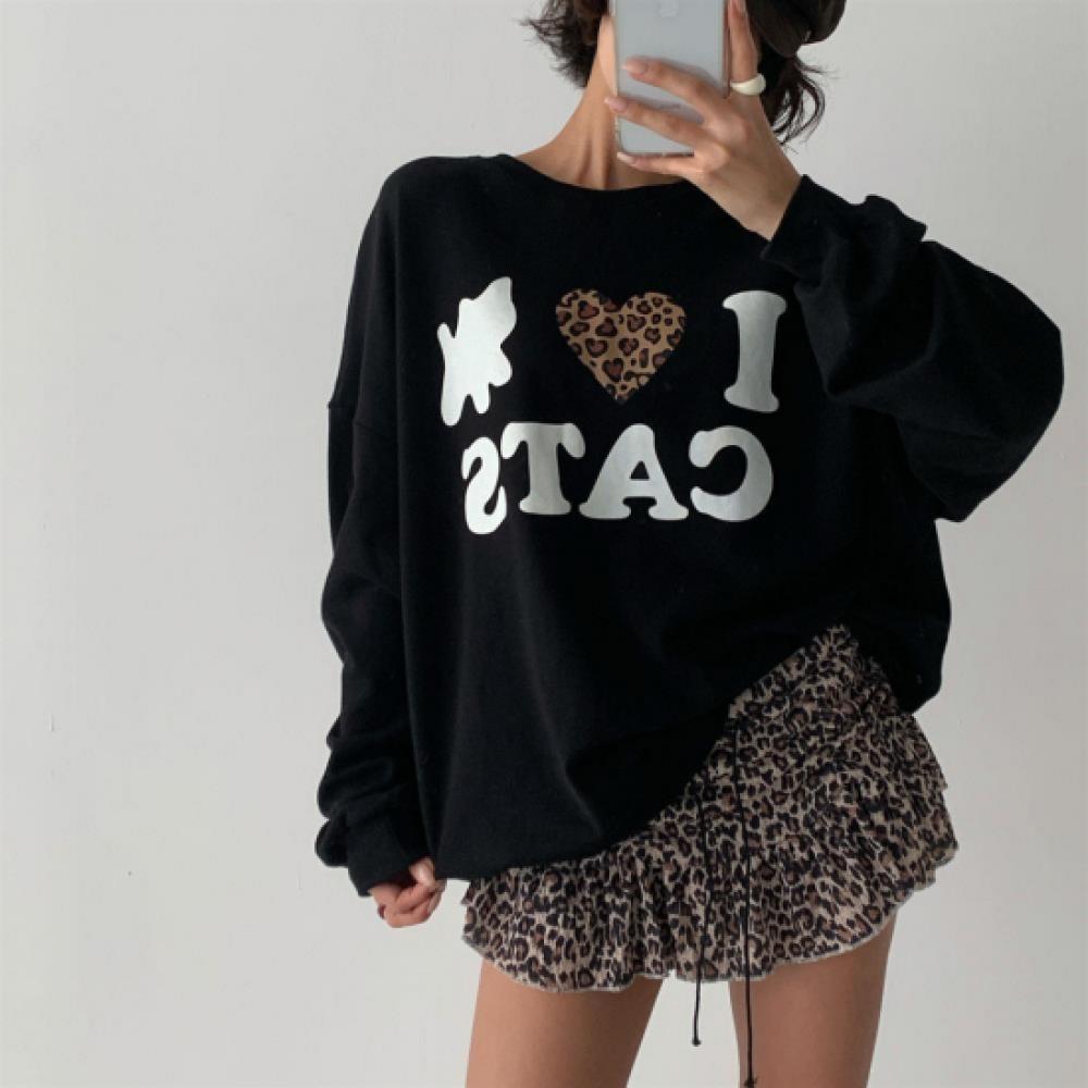 New ArrivalS Open Run Women S Leopard Letter Cat Cute looSe Fit SweatShirt