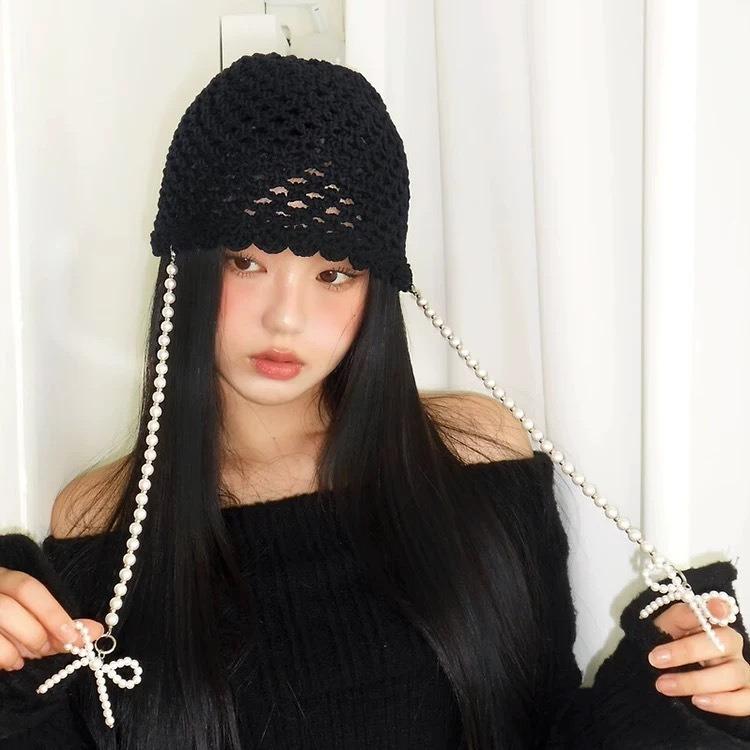 ins Removable Pearl Bow Knitted Hat Women's Sweet Cool Hollow Retro Wool Hat Versatile Baotou Hat