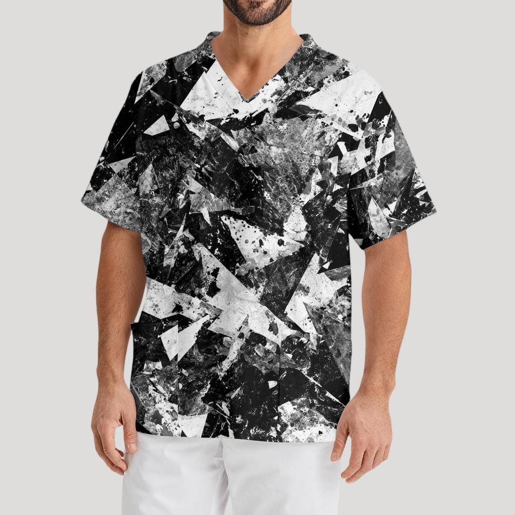 Мужская рабочая блузка с короткими рукавами и v-образным вырезом с принтом, топ с нагрудным карманом