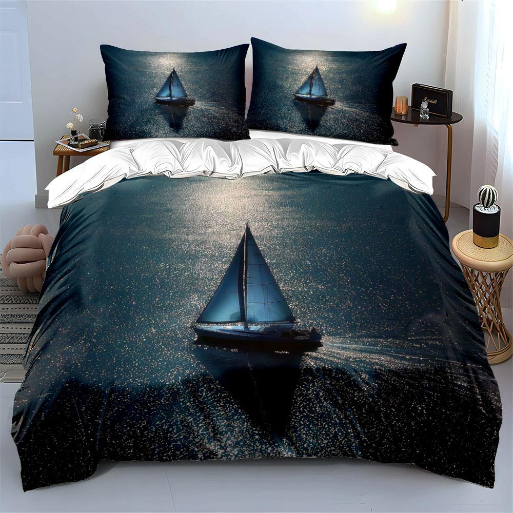 "Ocean Sailboat Canvas Decor" Bedding Set with 1 Duvet Cover 2 Pillowcases Single Double King Queen, Gift