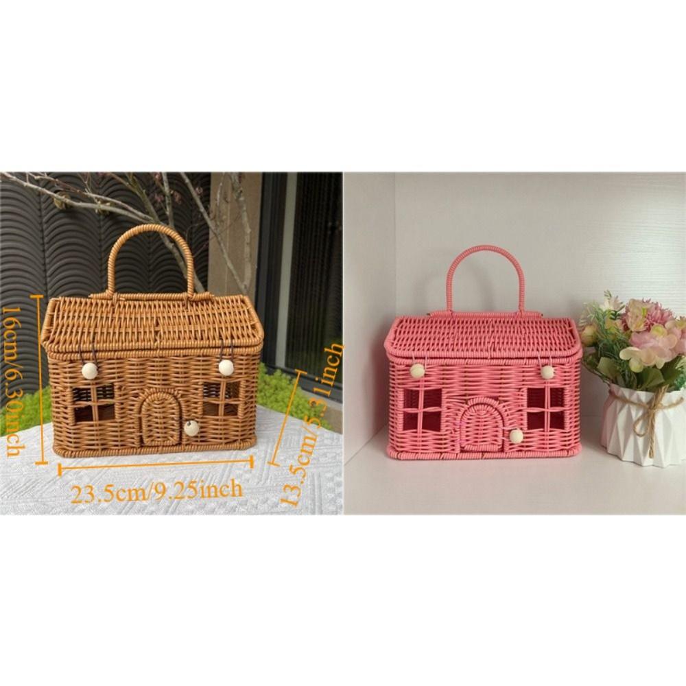 With Handle Rattan Picnic Basket House Shaped Clutter Organizer Desktop Organizer  Picnic Supplies
