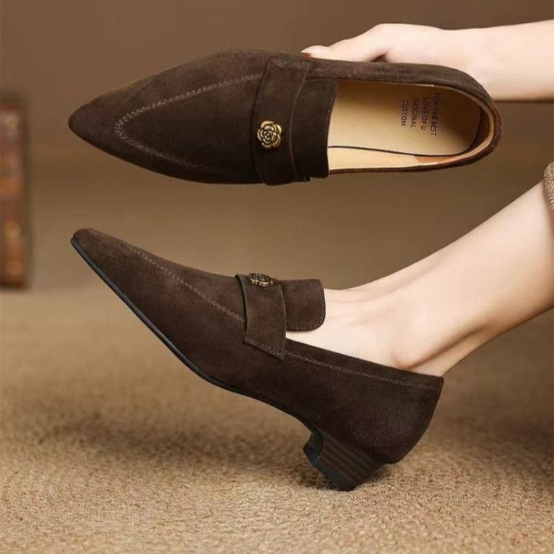 Модное платье 2025 Высокие каблуки Ретро Ручная работа Натуральная Женские Туфли-лодочки с острым носком Дизайн Толстый каблук Универсальные Удобные