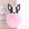 Fashion Fluffy Rabbit Fur Ball French Bulldog Keychain Pompom Key Chain PU Leather Animal Dog Keyring Holder Bag Charm Trinket Chaveiros