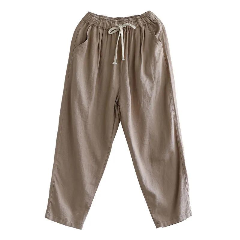 Женские брюки с высокой талией из хлопка и льна - весна/лето 2024 г., корейский стиль, прямые, свободные, облегающие, повседневные.