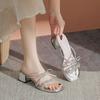 Fashion Elegant Silver Sandals for Women Summer Crystal High-heeled Shoes 2025 French Bow Sandals Open Toes Thick Heels Slippers