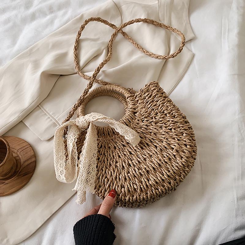 Yogodlns Соломенная сумка женская сумка ручной работы в форме луны с кружевным бантом, сумка из ротанга, большая вместительная повседневная пляжная сумка через плечо на шнурке