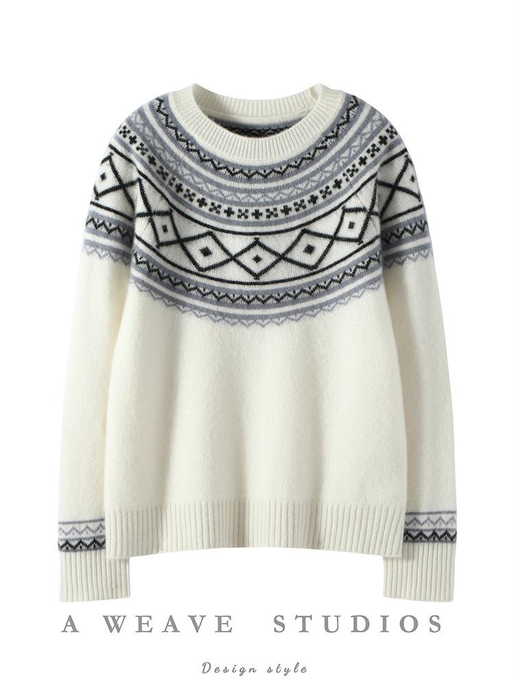 Women's Fair Isle Jacquard Cashmere Sweater - Round Neck, Pullover, Slimming Effect, Knit Base Layer for Autumn/Winter