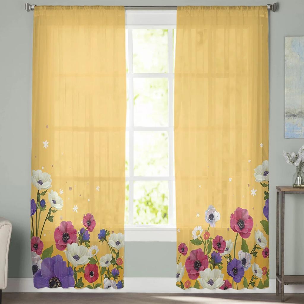 Тюлевые шторы с цветочным желтым фоном для гостиной, кухни, спальни, прозрачный тюль для кафе, отеля, современный домашний декор