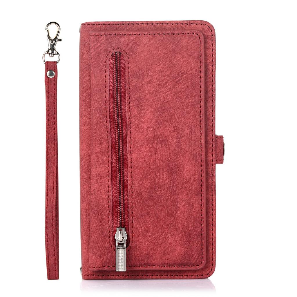 For iPhone 17 Pro Case Zipper Pocket 9 Card Slots PU Leather Phone Cover with Wrist Strap