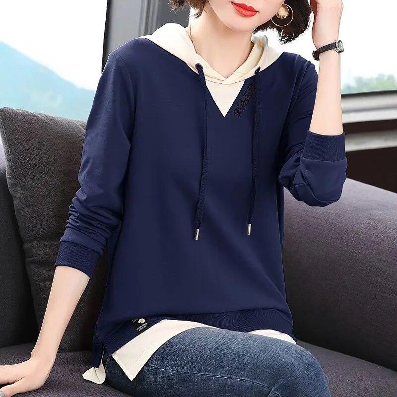 Женская весенне-осенняя повседневная однотонная футболка с капюшоном, простая поддельная толстовка из двух предметов