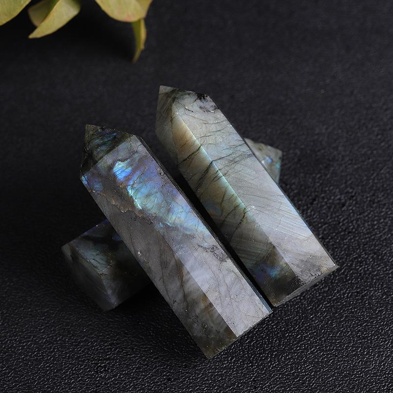 Natural Labradorite & Gray Moonstone Hexagonal Prism Crystal Ornament