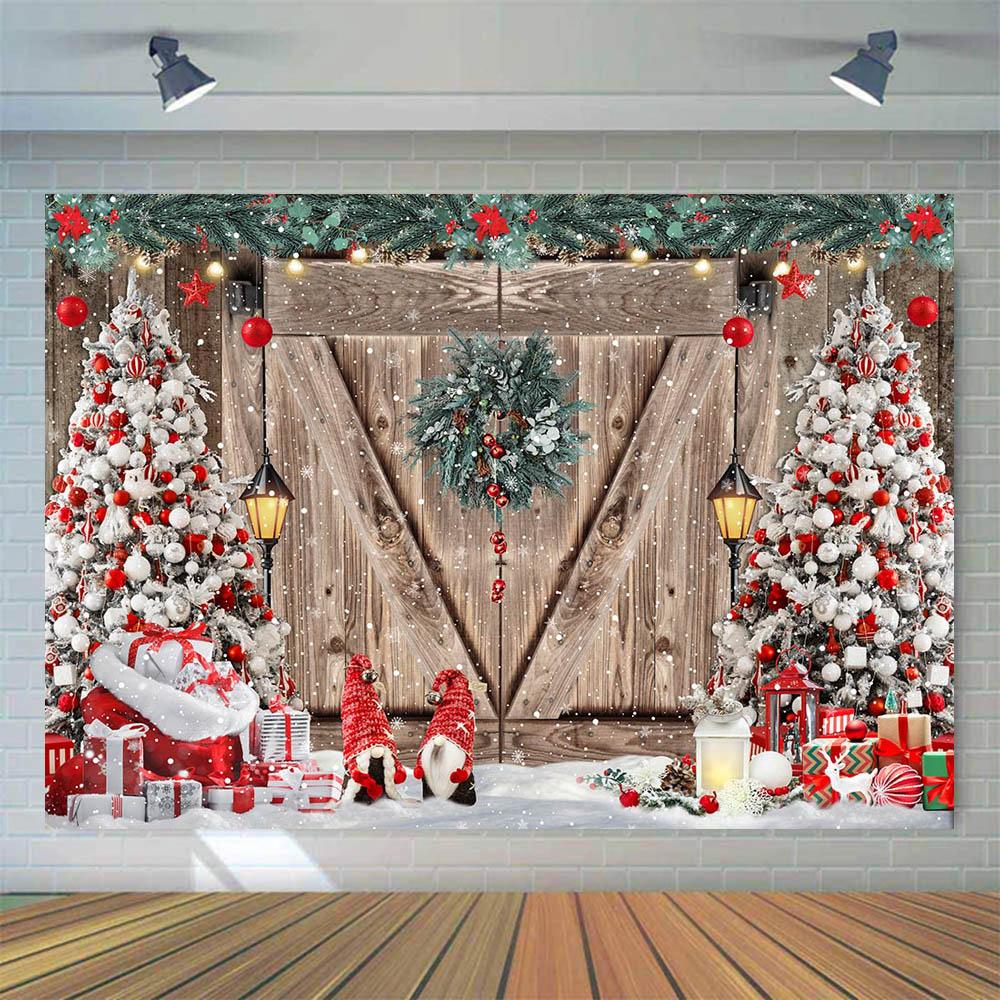 Christmas Party Backdrop Wooden Door Christmas Tree Snowflake Snow Scene Kids Portrait Photography Background Photo Studio Props