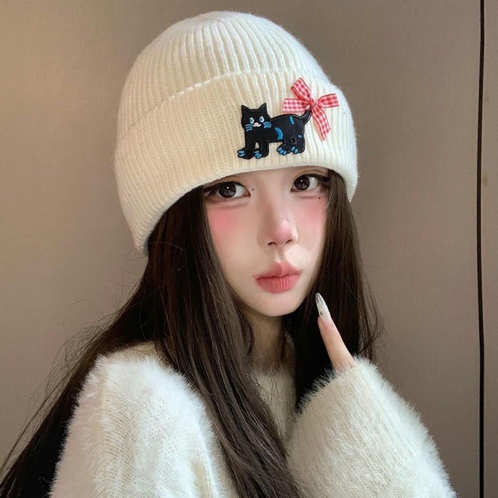 Face Slimming Fleece Lined Beanie Polyester Cat Bow Earflap Beanie Outdoor