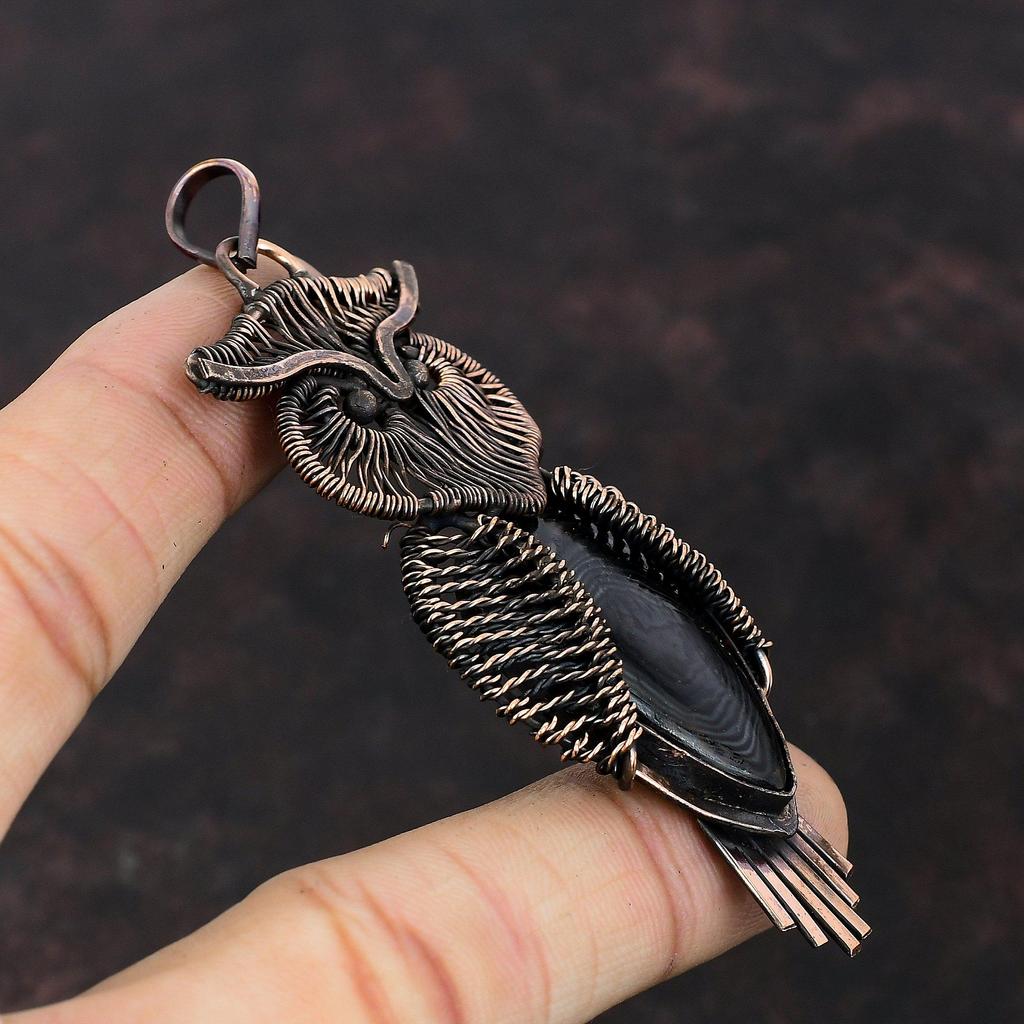 Подвеска Psilomelane, обернутая медной проволокой, подвеска из драгоценных камней Psilomelane, подвеска в виде совы для женщин, ручная работа, медная проволока, подарок для него