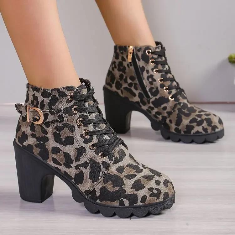 2024 Новые ботильоны женские туфли на высоком каблуке женские спортивные ботинки с леопардовым принтом на толстом каблуке с острым носком модные вестерн-ботинки