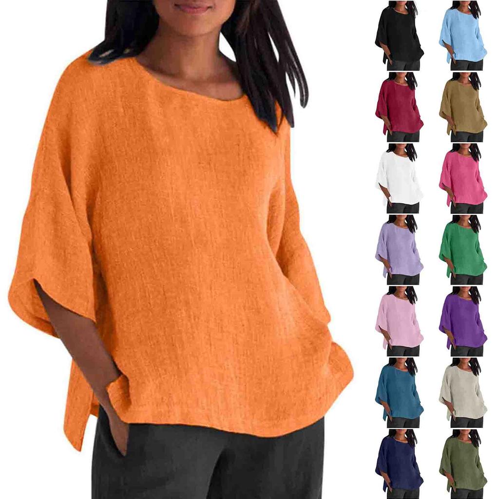 Women's Fashion Half Sleeve Round Neck Solid Colour Loose Casual Shirt Top