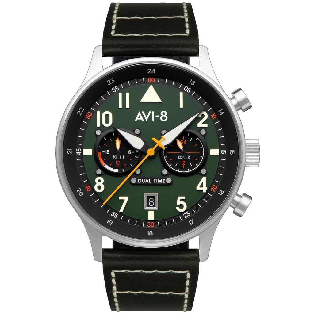 AVI-8 Hawker Hurricane Carey Dual Time Merville Кварцевые мужские часы с зеленым циферблатом AV-4088-02