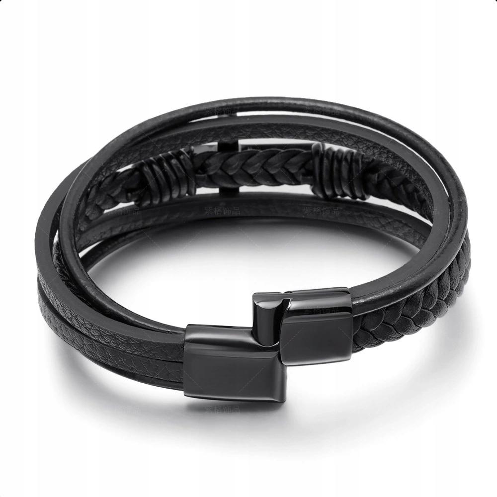 Men's Black Leather Bracelet Braided Silver Cross Surgical Steel