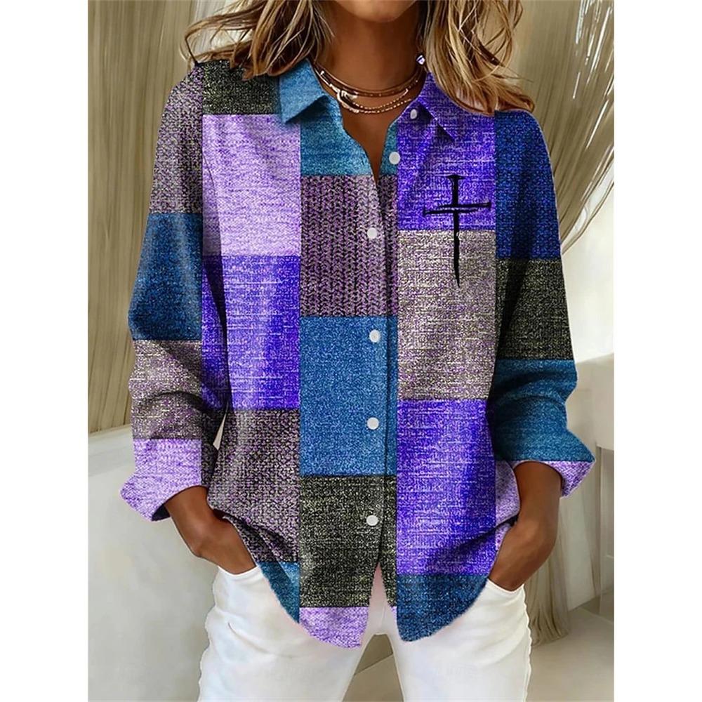 Lazy Commute Style Women Striped Linen Shirt Lapel Long Sleeve Loose Fit Button Down Casual