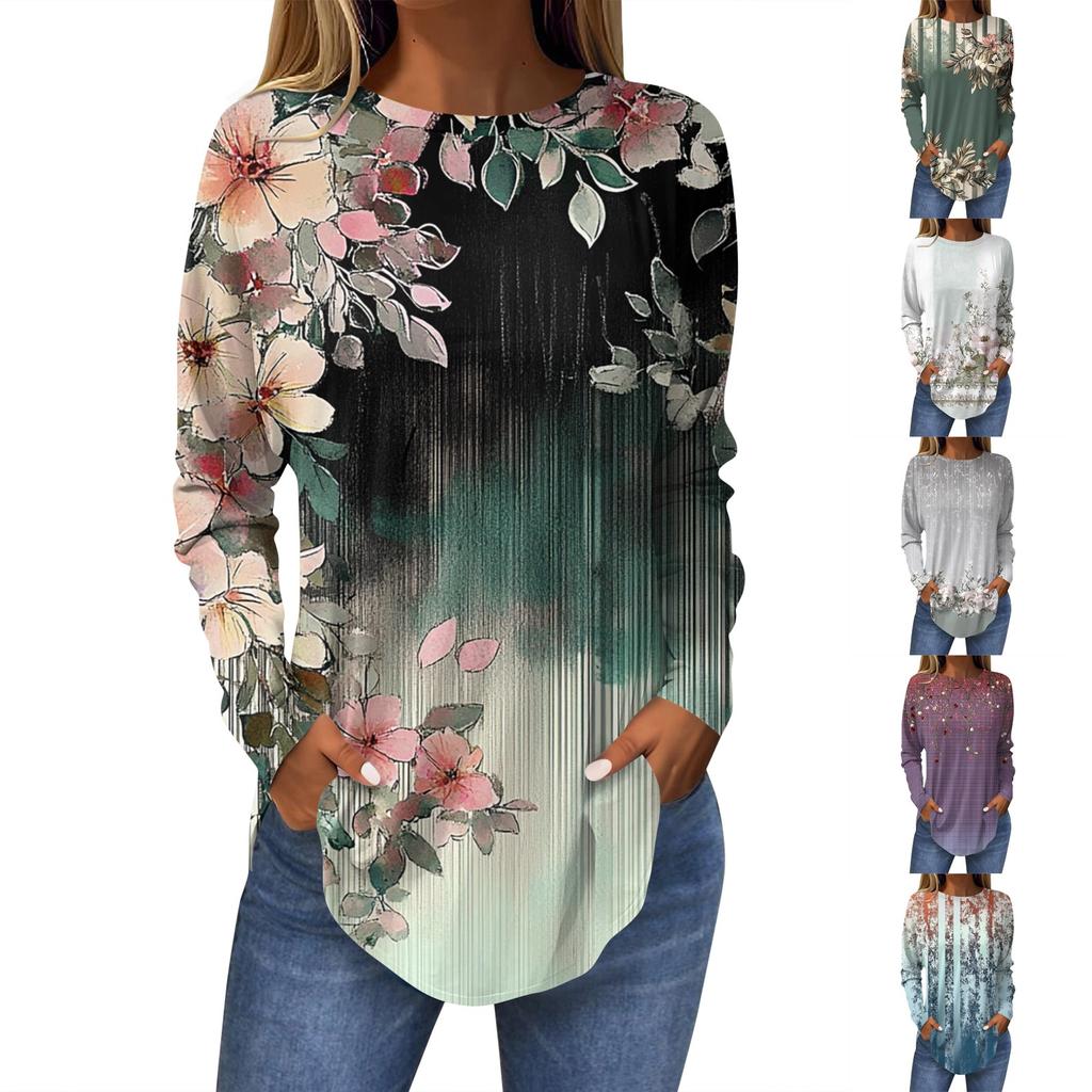 Women's Loose Round Neck Print Long Sleeve T-Shirt Top Pullover