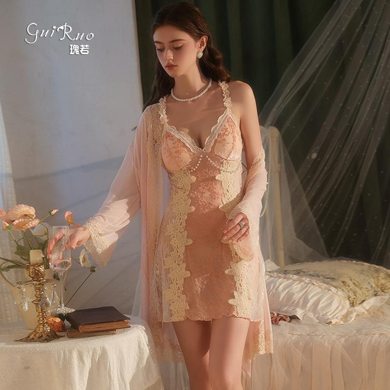 Women's Velvet Lace Strap Push Up Padded Sleep Dress with Robe Lounge Set