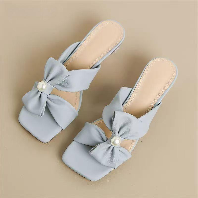 Fashion Square Toe Women Slippers Bow Heeled Sandals Loafers Shoes Woman 2025 Fashion Summer Shallow Dress Comfort Soft Leather Slides