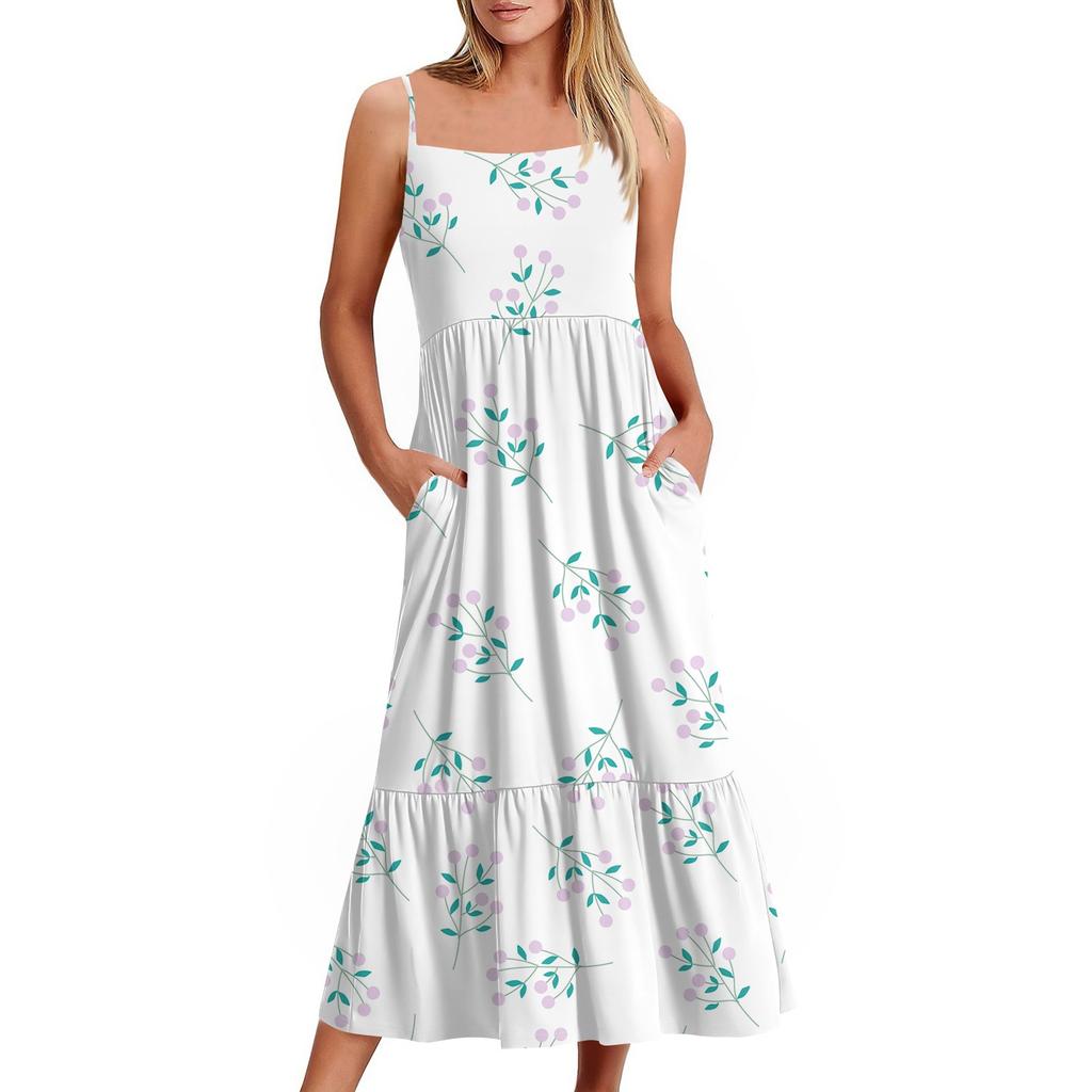 Women's Long Beach Casual Elegant Spaghetti Strap Maxi Dress Floral Low-key Flowing Bohemian Dress