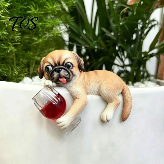 Balcony Patio Decoration Lying Pug Statue for Planter, Dog Figurine with Red Wine Tabletop Animal Ornament Glass, Cute Resin Flower Pot Edge