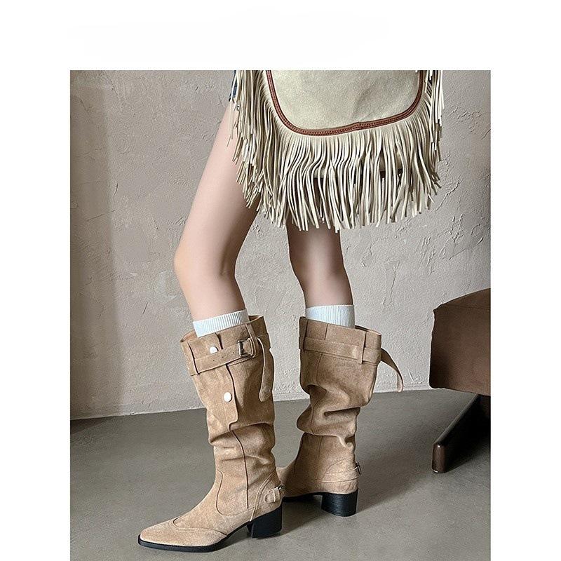 Wasteland Style Fashion Pointed Big Tube Around Piling Boots Women's Thick Heel Pointed High Heel Boots Versatile Boots
