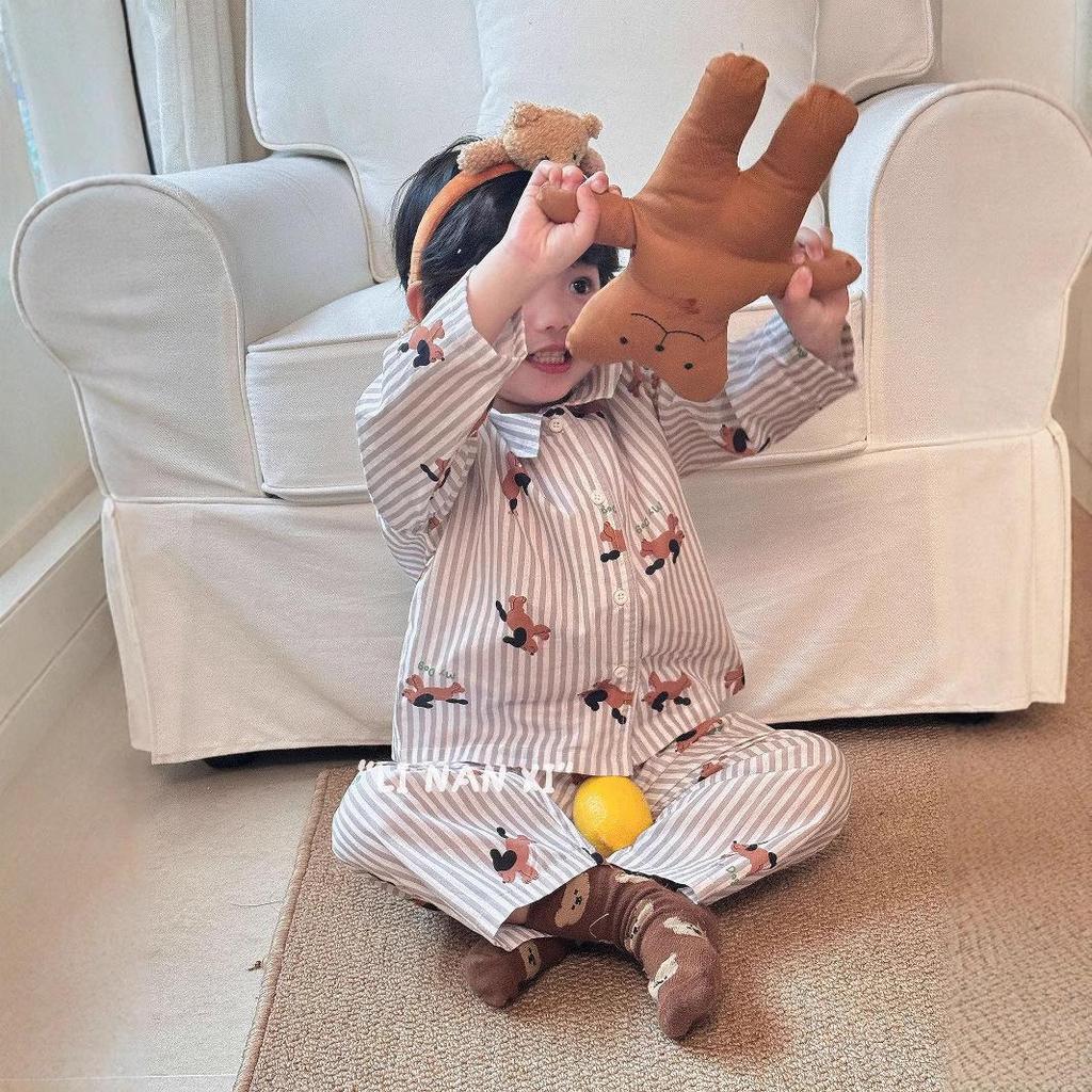 Весна 2025 Милый мультяшный пижамный комплект для детей – Отложной воротник, Детский дизайн, Брюки в комплекте