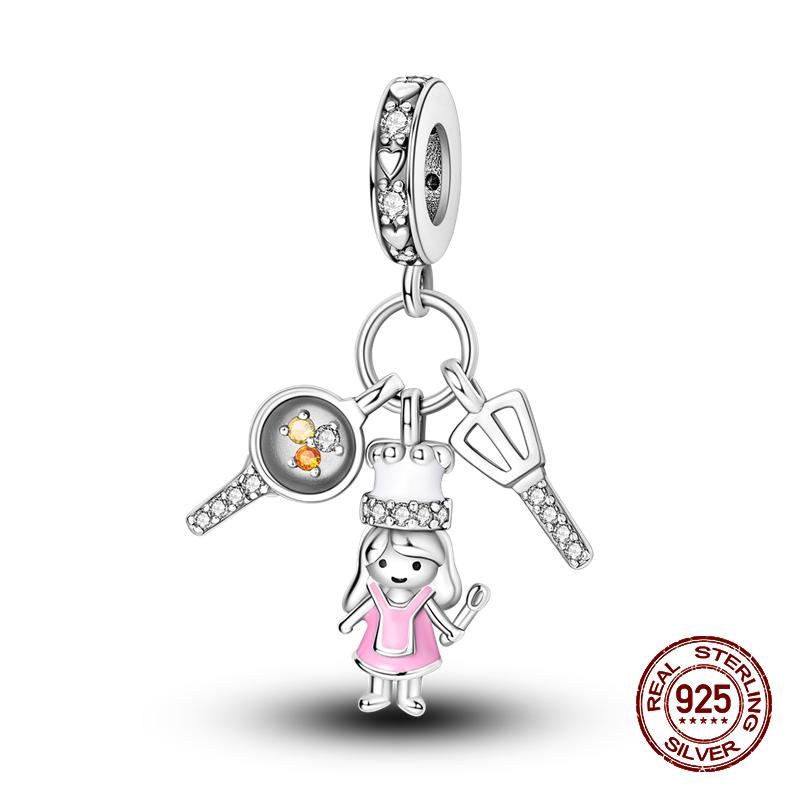 Real 925 Sterling Silver Chocolate Pizza Cake Fries Food Charms Beads Fit 925 Original Bracelets DIY Cute Jewelry Gifts