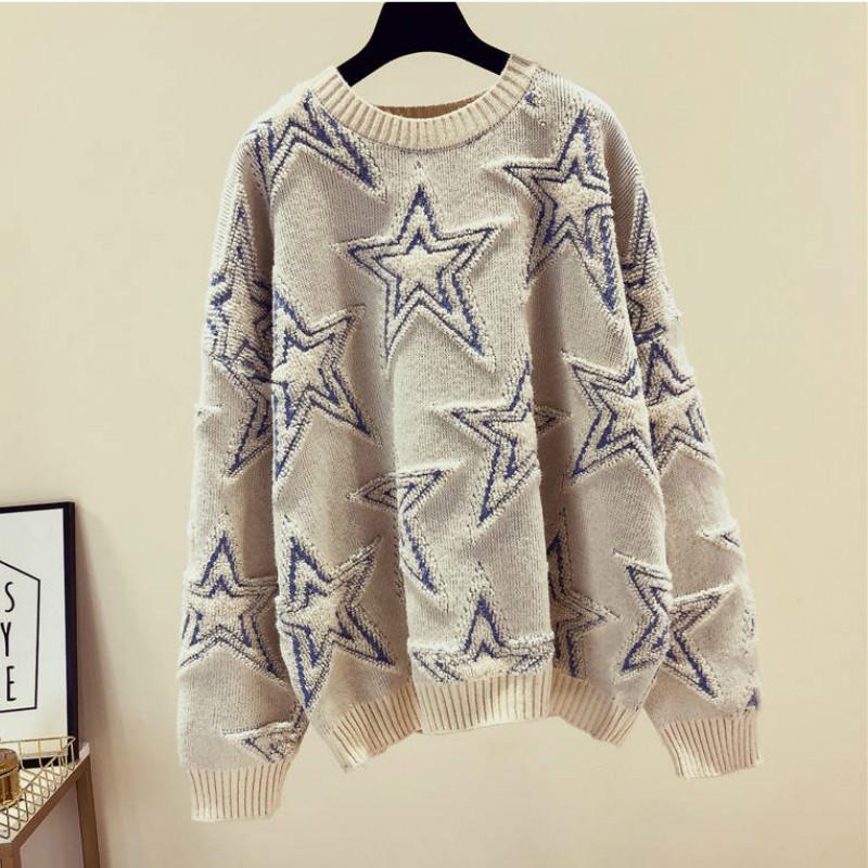 Вязаный свитер со звездами, осенне-зимний жаккардовый свободный свитер с круглым вырезом и длинными рукавами