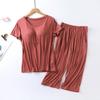 Women's Spring and Summer Thin Round Neck with Bra Pads Solid Colour Short Sleeved + Casual Seven Trousers Homewear Two Piece Set