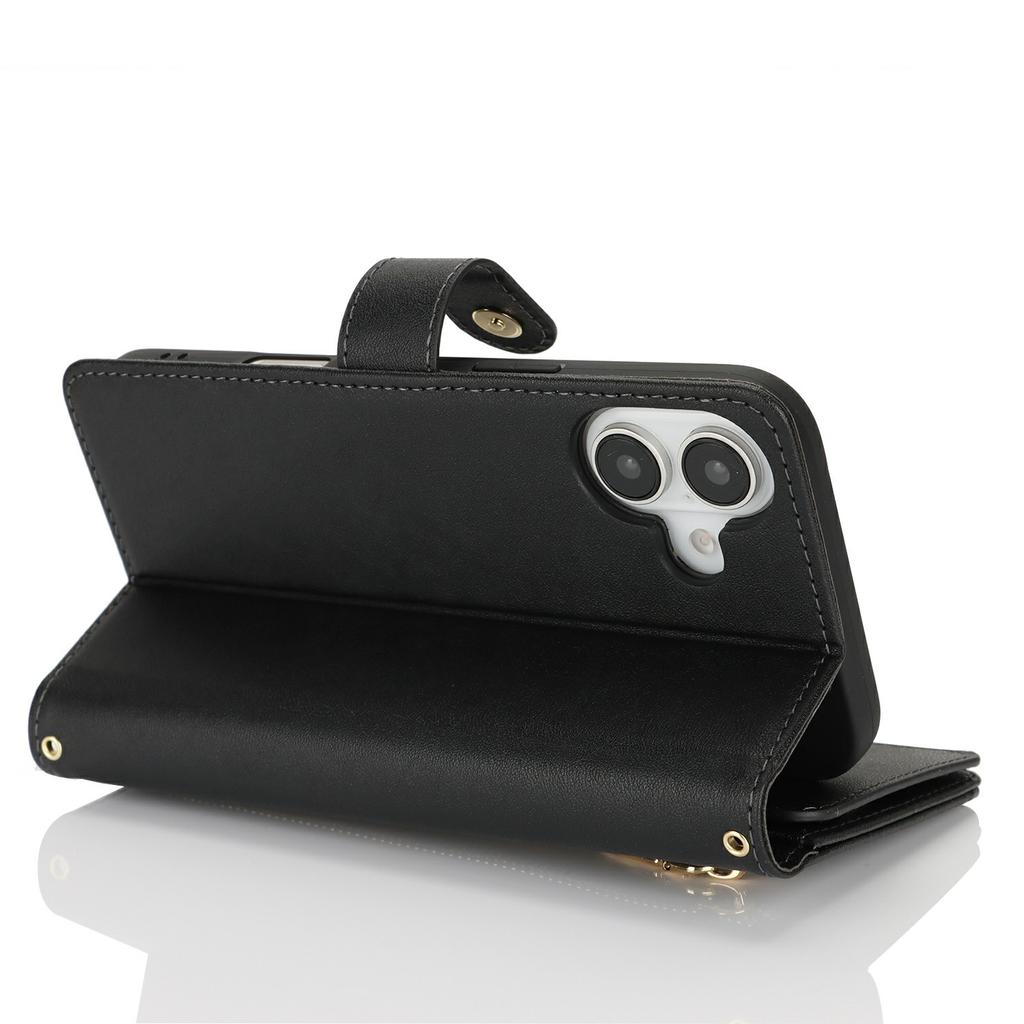 For iPhone 16 Stand Case PU Leather Phone Cover with Straps/Zipper Wallet/Multiple Card Slots