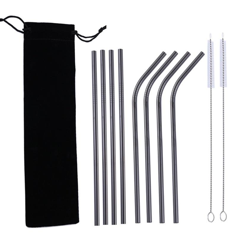 10 Pcs Metal Reusable Stainless Steel Straws Straight Bent Drinking Straw with Case Cleaning Brush Set Party Bar Accessory