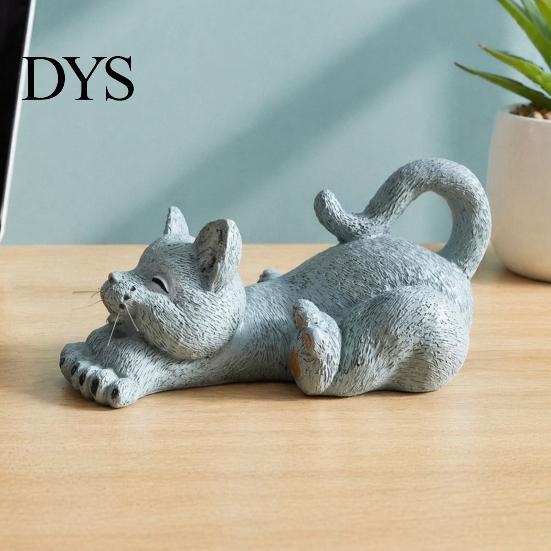 Small Animal Ornament for Shelf Stretching Kitten Figurine, Resin Cat Statue, Cute Ornament, Desktop Stress Relief Toy Compact Decoration Home Office