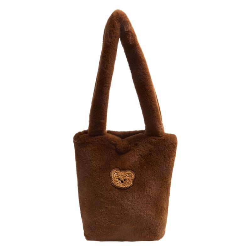2025 Autumn and Winter New High-value Plush Bag Bucket Bag Large-capacity Bear Embroidered Shoulder Bag Tote Bag Women
